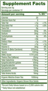 Green Foods Organic Matcha Green Tea Nutrition Label