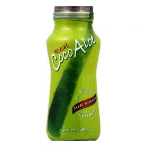 A green colored bottle of Taste Nirvana Coco Aloe, Coconut Water with Aloe Juice