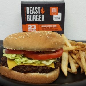 Vegan frozen Beast Burger with fries
