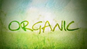 The word Organic is on a blue and green background. Question marks surround the word.