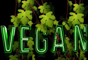 The word "vegan," in green, surrounded by trees.