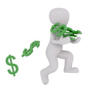 A white model of a person holds green dollar signs. Two green dollar signs fall out of his hands.