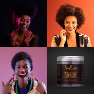 Three African-American women wearing natural hair smile. Next to them is a jar of Shea Moisture African Black Soap Clarifying Mud Mask