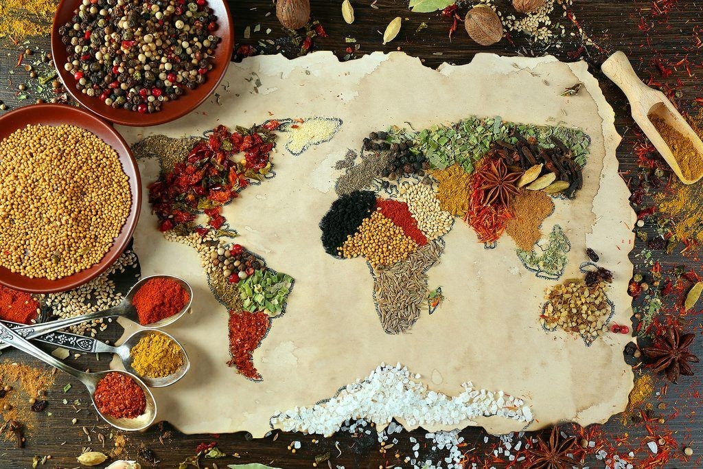 A world map made of international spices