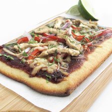 Barbecue Chicken pizza made with vegan chicken strips (soy-based).