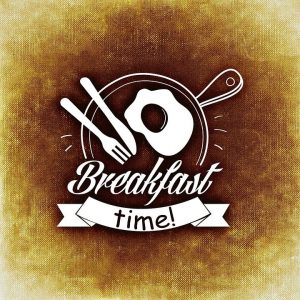 A white fork, knife, and egg, with the text "Breakfast Time!" Time to start selling breakfast food online!