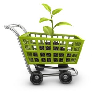 green shopping cart with sapling