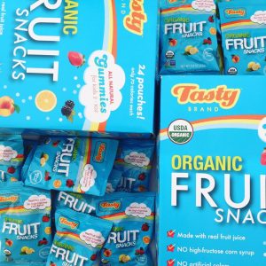 A pile of Tasty Brand Organic Fruit Snacks (mixed fruit)