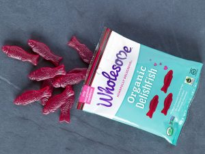A bag of Wholesome DelishFish fish candy.