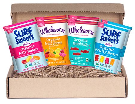 Box of organic Wholesome and Surf Sweets organic, non-GMO candy