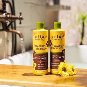 Alba Botanica Instagram post with shampoo and conditioner