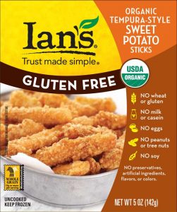 Ian's Gluten-Free Tempura Style Sweet Potato Sticks are gluten-free and free of milk, eggs, nuts and soy. 