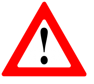Triangle warning sign with red background and black exclamation point