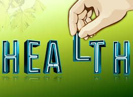 The word "health" in blue against a green background. A hand places the "L"