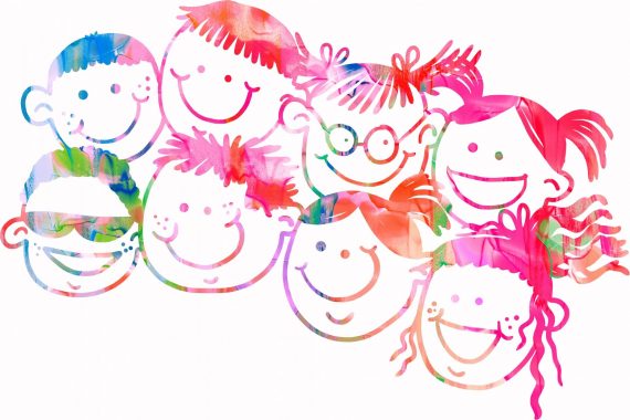 Rainbow-colored faces of eight kids