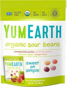 YumEarth Organic Sour Beans. Sweet on Simple. Pomegranate Pucker, Perfectly Peach, Awesome Apple, and Mango Tango flavors.