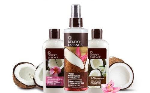 desert essence coconut hair products, including heat protector, with coconuts