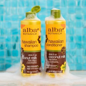 alba botanica wholesale shampoo and conditioner products with bubbly background