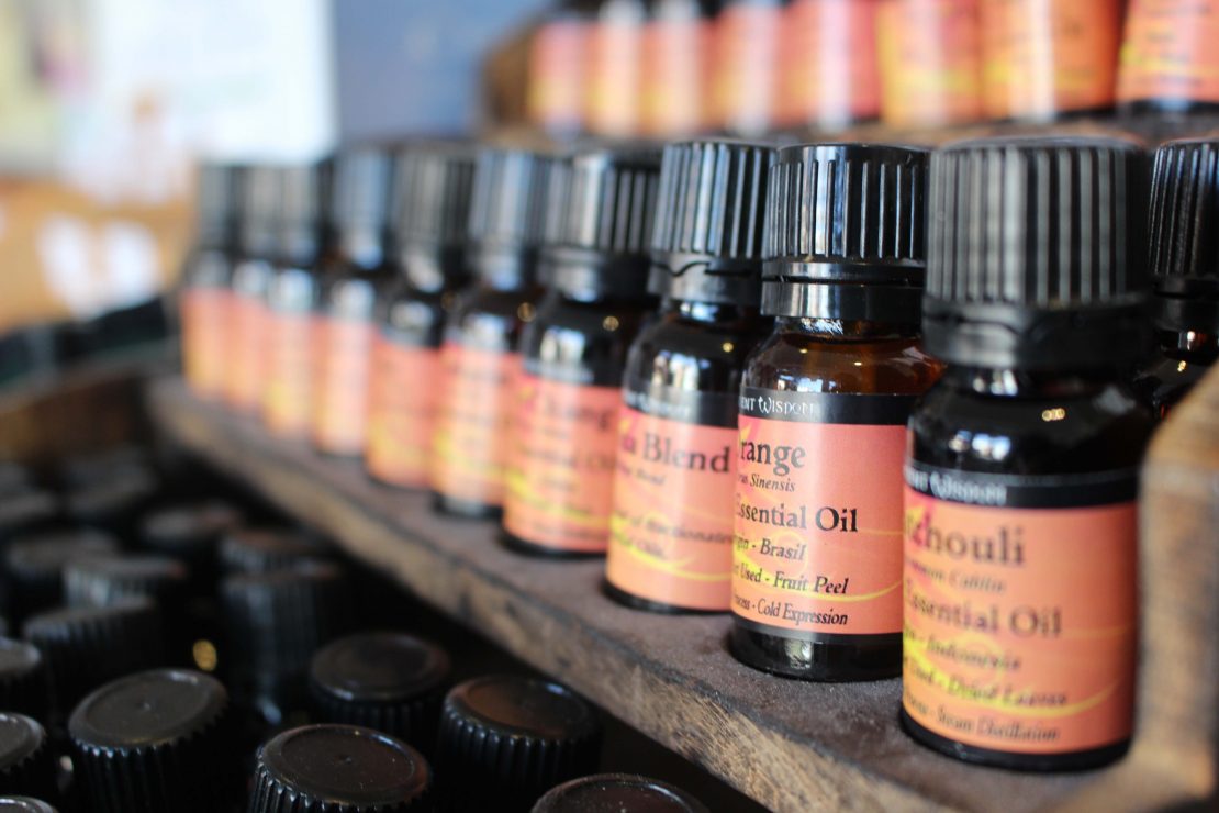 Row of bottles of various essential oils