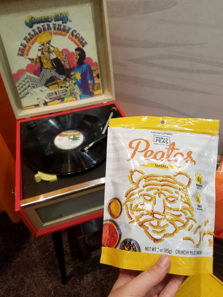 Masala Peatos by a record player at Expo West 2018. 