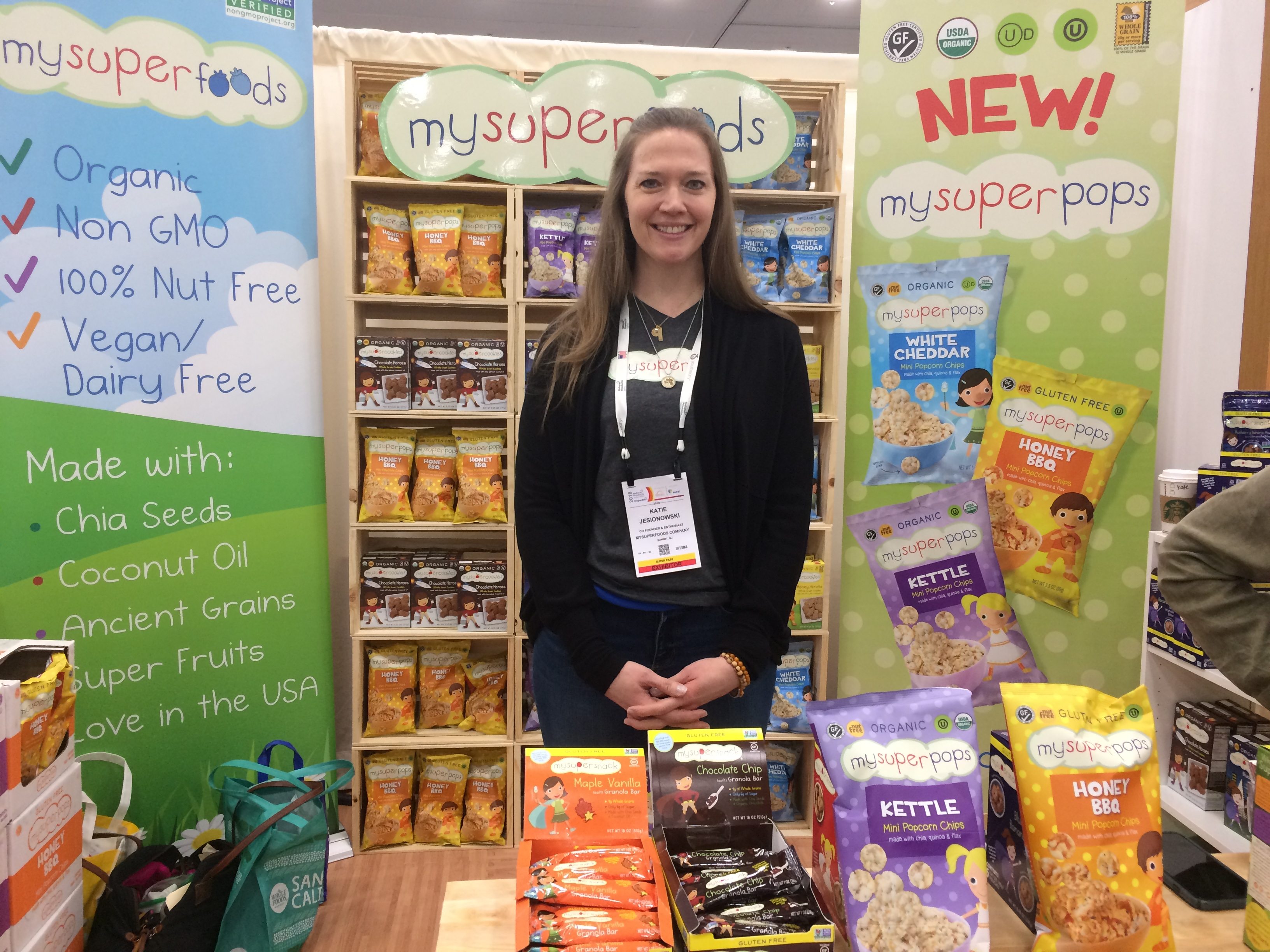 Katie Jesionowski the cofounder of MySuperFoods at booth at Expo West