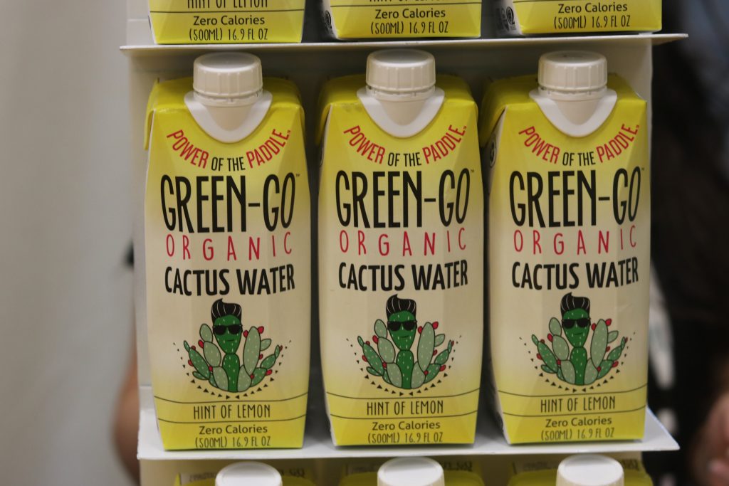 Close-up of Green-Go Cactus Water packaging at Expo West 2018