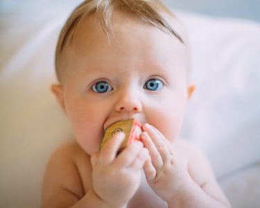 baby chewing wood block