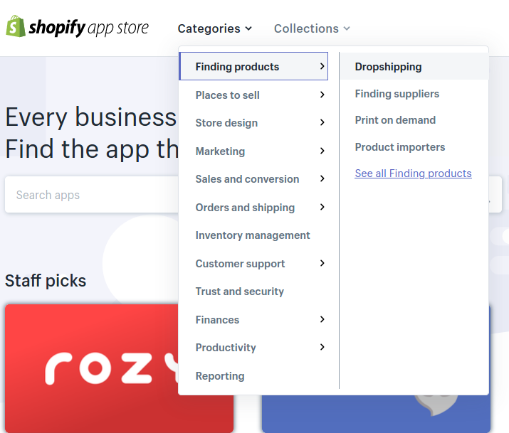 Go to the Shopify App Store to find dropshipping suppliers.