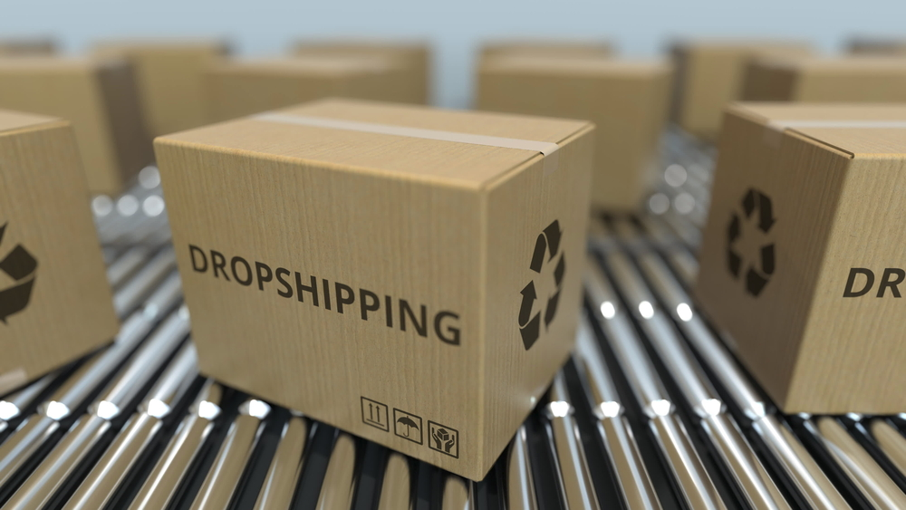 Dropshipping hemp products boxes moving on a conveyor belt