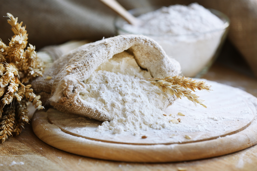 Organic wholesale flour in a burlap bag with wheat plant