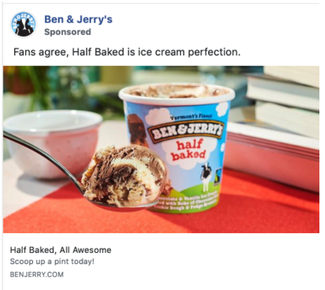 Facebook product image ad example Ben and Jerry's ice cream