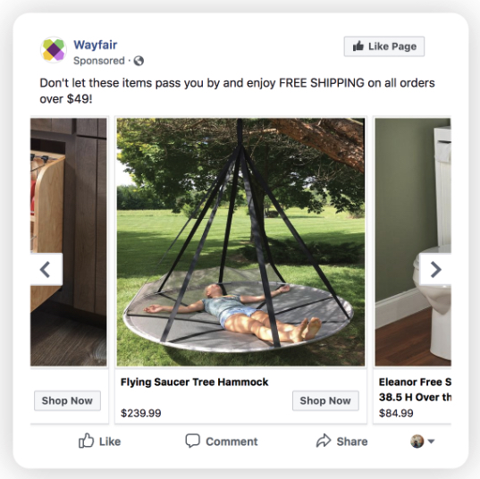 Facebook retargeting ad for cart abandonment example from Wayfair.