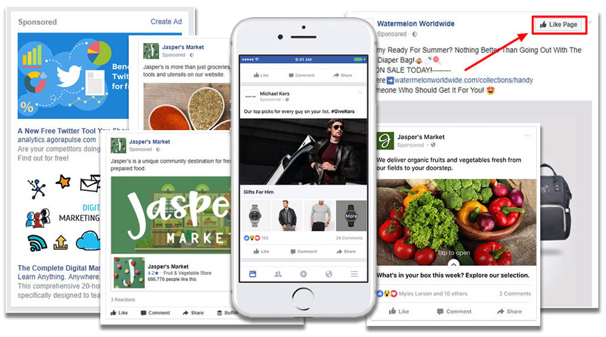 Example images of many types of Facebook ads you can use for marketing a dropshipping store.