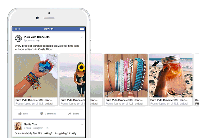 Facebook carousel ad example from Pura Vida bracelets