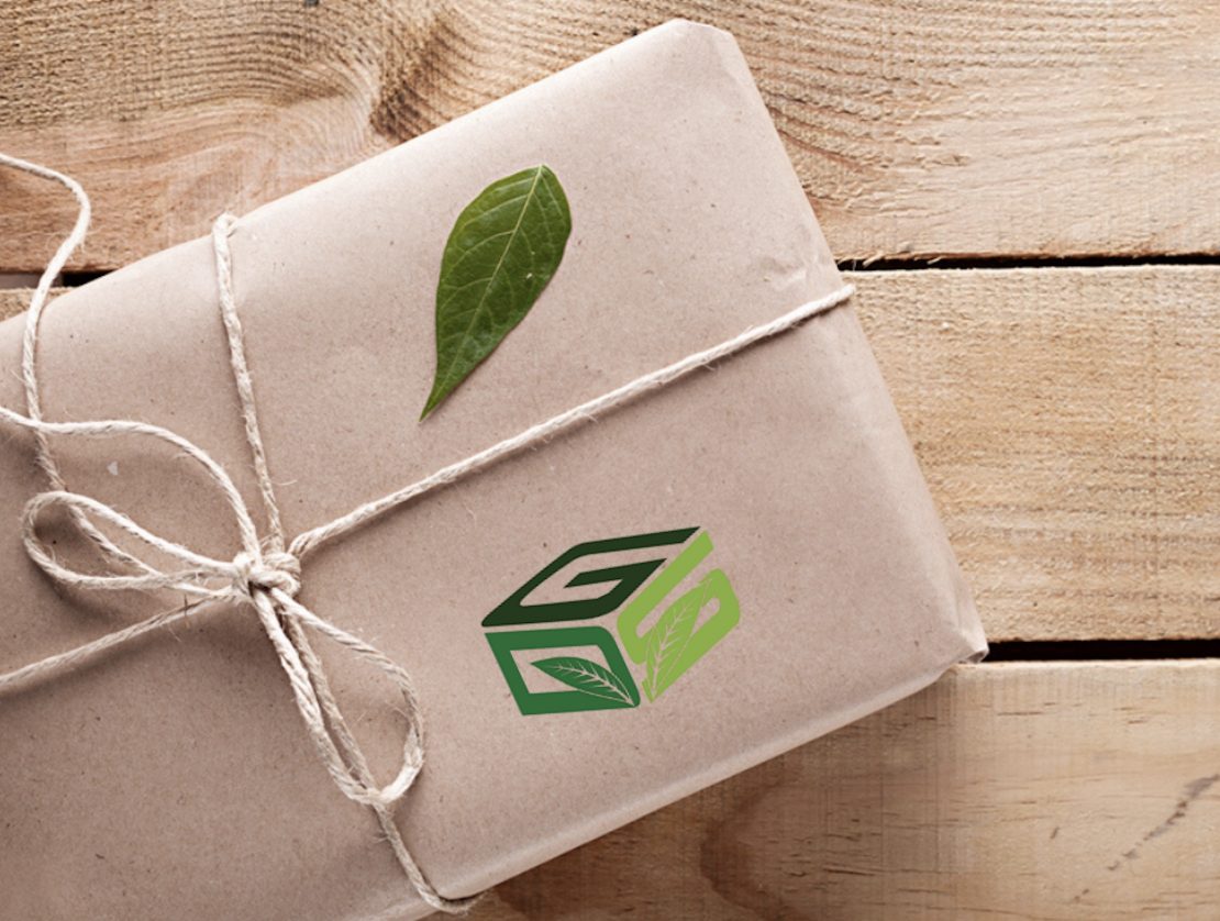 Brown paper package with string and GreenDropShip logo