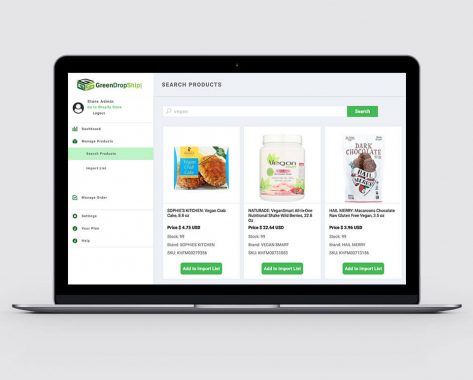 GreenDropShip Shopify App, search products screen displaying results for "vegan" products in "grocery" category, on laptop.