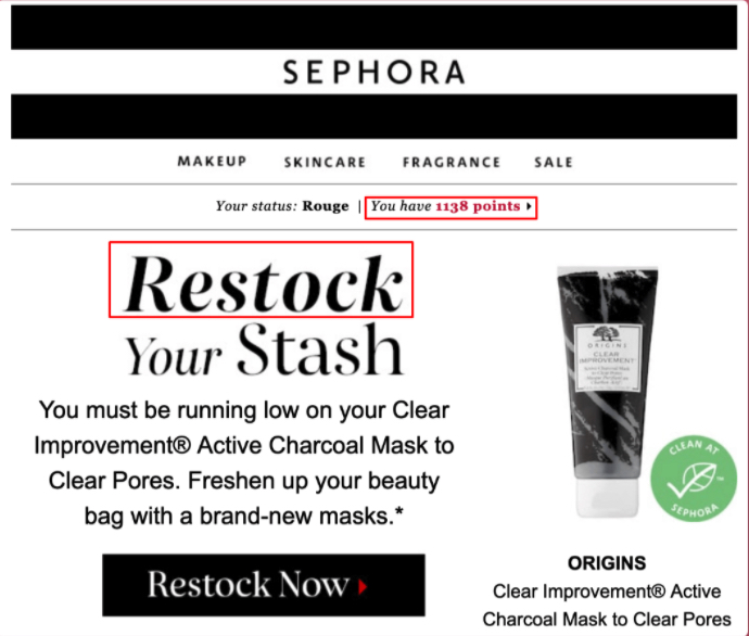 Email marketing for dropshipping: Replenishment email example from Sephora