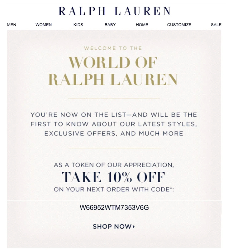 Email marketing for dropshipping: Welcome email example from Ralph lauren