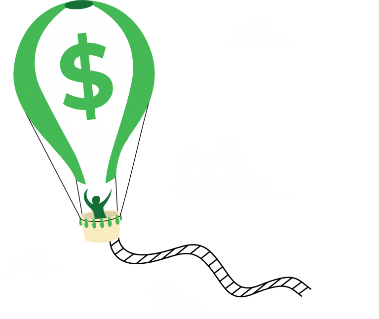 Hot air balloon with dollar sign carrying person among the clouds