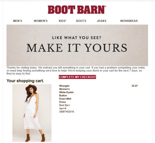 Abandoned cart email example from Boot Barn