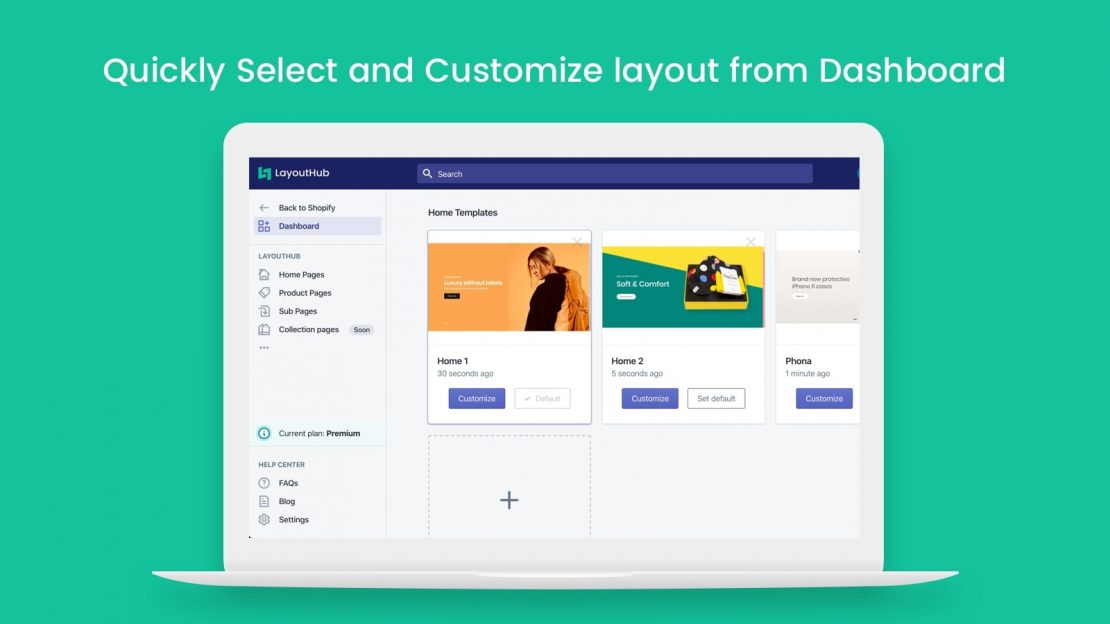 Quickly select and customize your landing page layout from the app dashboard