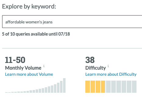 Moz keyword details for search term "affordable women's jeans"