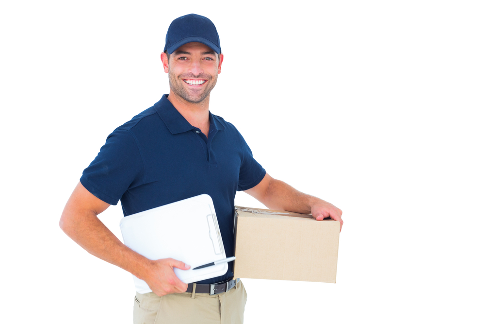 a popcorn dropship delivery man in a blue hat with a brown package