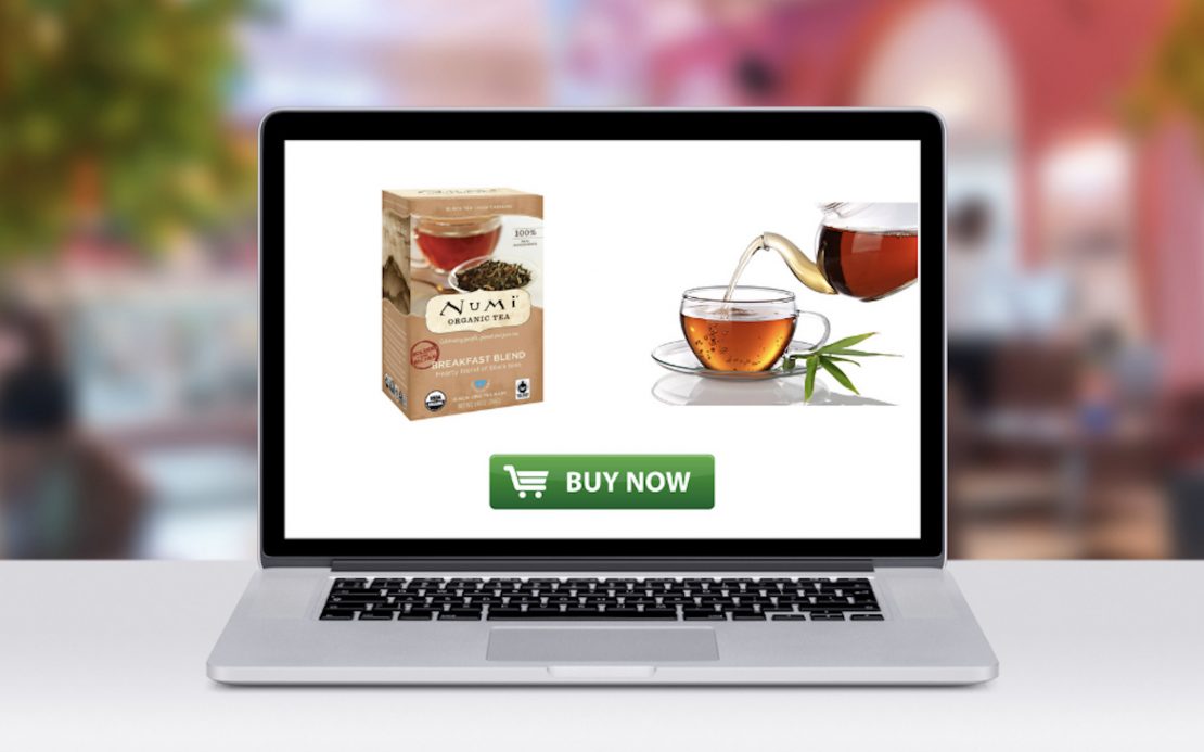 image of tea on a laptop with a buy now button