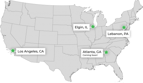 United States map with GreenDropShip locations: Los Angeles, California; Elgin, Illinois; Lebanon, Pennsylvania; and Atlanta, Georgia (Coming Soon)