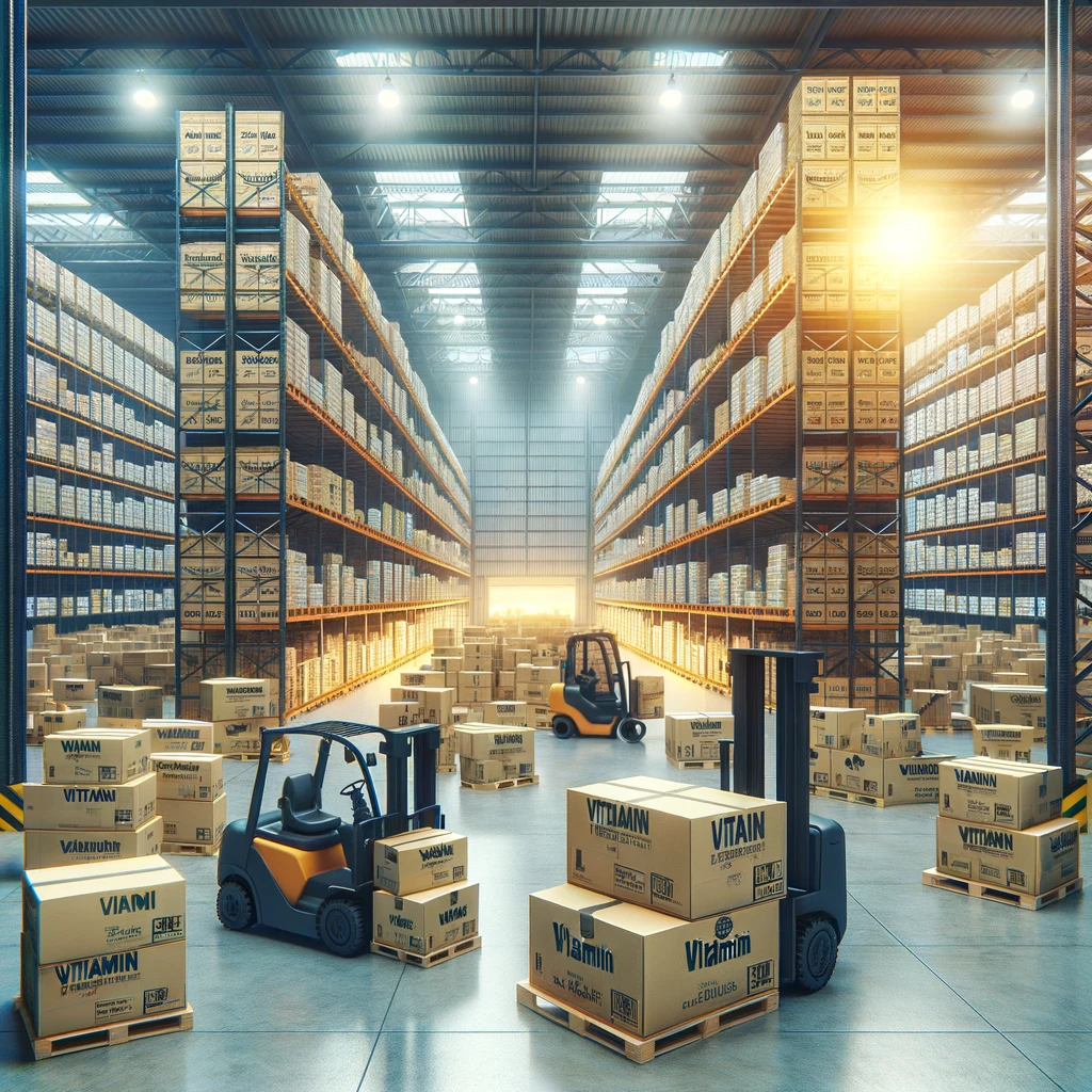 A well-organized warehouse with boxes labeled with vitamin brands.