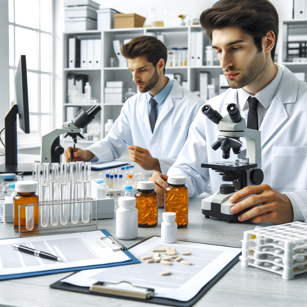 Scientists in a laboratory ensuring quality assurance of vitamin supplements, adhering to Good Manufacturing Practices (GMP) and conducting third-party testing for product purity and potency.