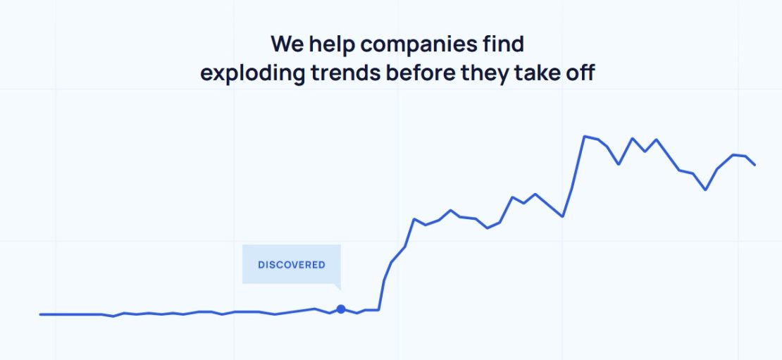 Chart from Exploding Topics that shows how to Find Trending Products and reads 'We hep companies find exploding trends before they take off'