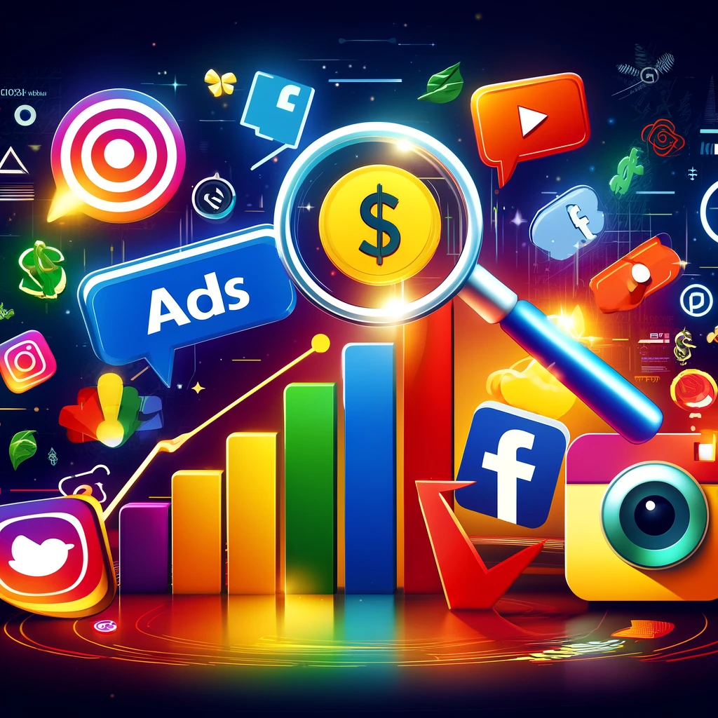 A dynamic and colorful visual showing various paid advertising platforms with logos for Google Ads, Facebook Ads, and Instagram Ads. The image includes vibrant elements like a magnifying glass over a dollar sign and an upward-trending graph indicating growth and conversions from these ads. The overall design is bright and modern.