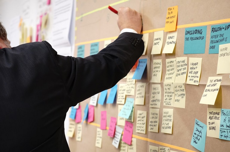 Person in a suit writing on a large board filled with various colorful sticky notes organized in columns.